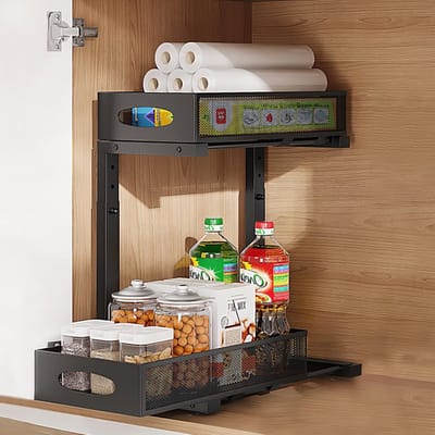 Uitbreidbare metalen opbergrek voor keuken en badkamer, 2 niveaus voor schoonmaakproducten, detergent en meer, 1 stuk.