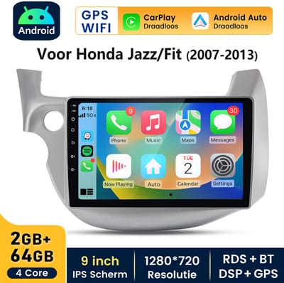 Hexinexmarket Autoradio Geschikt voor Honda Fit /Jazz 2007-2013 - Draadloos CarPlay, Android Auto,GPS Navi, Android 15, multimediaspeler - 2GB+64GB