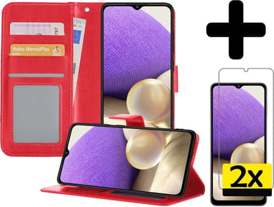 Hoesje - Met 2x Screenprotector - Geschikt voor Samsung Galaxy A32 4G - Luxe Pasjeshouder - Bookcase Portemonee - Flip Case - Kunstleer Book Case - Flipcase Hoes - Book Cover - Walletcase - Portemonneehoes - Telefoonhoesjes - Rood