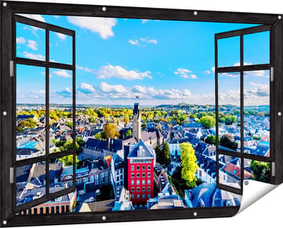 Gards Tuinposter Doorkijk Maastricht Stad met Huizen - 150x100 cm - Tuindoek - Tuindecoratie - Wanddecoratie buiten - Tuinschilderij
