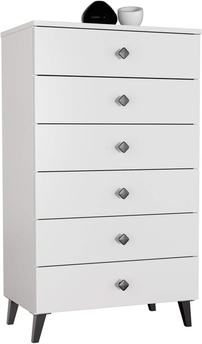 Nachtkastje MOBI met 6 Lades / AKORD Furniture Factory / Wit met Zwarte Handgrepen / 60 x 104 x 37 cm