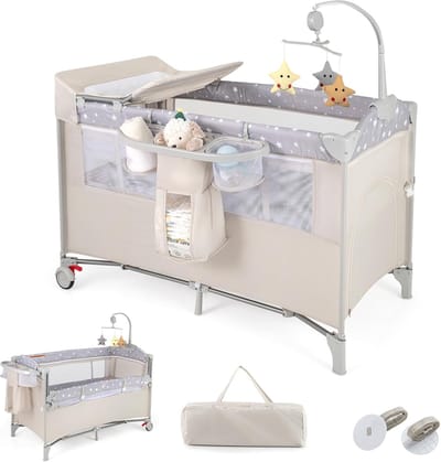 Inklapbaar Reisbed voor Baby met Commode, Speelboog en Muziek - Beige