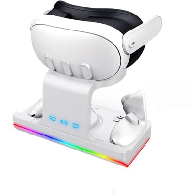NAXSIR Magnetische Oplaadstandaard voor VR Grip - Speciaal Ontworpen voor Meta Quest 3 Hoofdband - Met Stylische RGB - Verlichting - Inclusief 2 Hoogwaardige Oplaadbare Batterijen