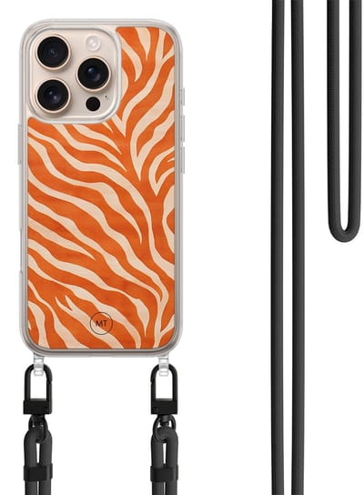 Hoesje met koord geschikt voor iPhone 16 Pro Max - Zebra oranje - Inclusief zwart koord - Crossbody beschermhoes - Transparant, Oranje - Mooie Telefoonhoesjes