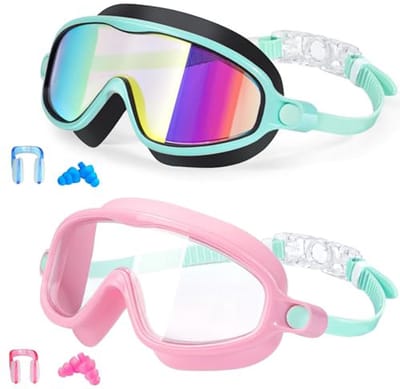 Kinderzwembrillen, set van 2 - UV-bescherming - Duik-/snorkelmasker - Geschikt voor jongens en meisjes van 3-15 jaar - Roze en spiegelblauw