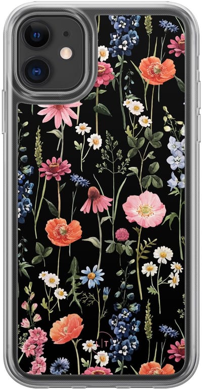 Hoesje geschikt voor iPhone 11 - Dark flowers - 2in1 backcover - Bloemen - Zwart, Multi - Leuke Telefoonhoesjes