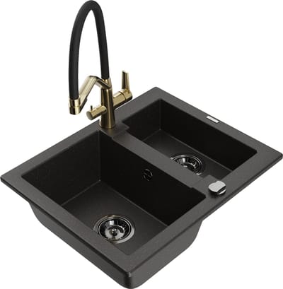 Mexen Carlos granieten spoelbak 1,5-combi met keukenkraan Duo, zwart/goud metaal - 6518-75-671701-57-B