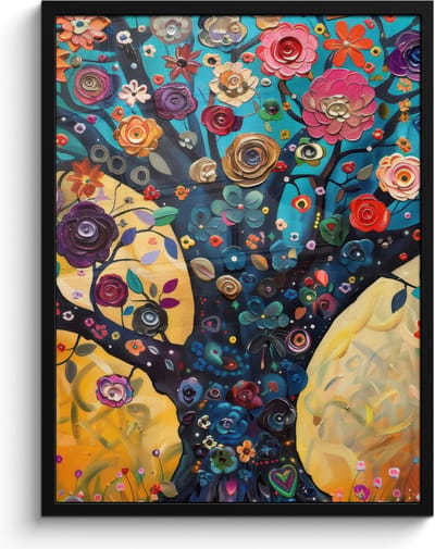Poster in lijst - Fotolijst 60x80 cm - Posters - Boom - Levensboom - Kleurrijk - Bloemen - Modern - Posterlijst zwart - Decoratie - Wanddecoratie woonkamer - Muurdecoratie slaapkamer