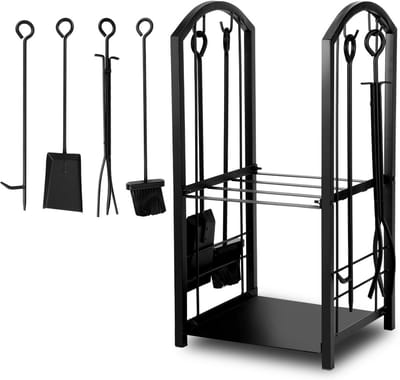 Haardhoutrek met bestek - Houtopslag - Haardhout Opslag - Inclusief Haardbestek - 37 x 33 x 74 cm - Zwart