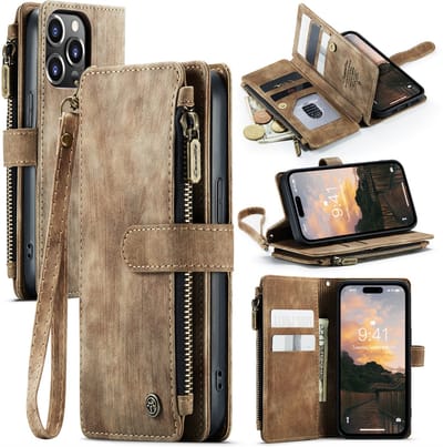 CaseMe – Telefoonhoesje geschikt voor Apple iPhone 14 Pro– Wallet Rits Book Case – Magnetische Sluiting & Portemonnee – PU Leer – Bruin