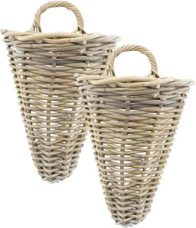 Vd Leeden Wandhanger mand - 2x - bruin - 25 x 22 x 32 cm - rotan gevlochten - voor bloemen/planten - bloempot/plantenpot