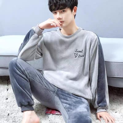 Casual Herenpyjama met Letterprint, Herfst Winter Nieuwe Nachtkleding Warm Zacht Eenvoudig Koreaans 3XL gray