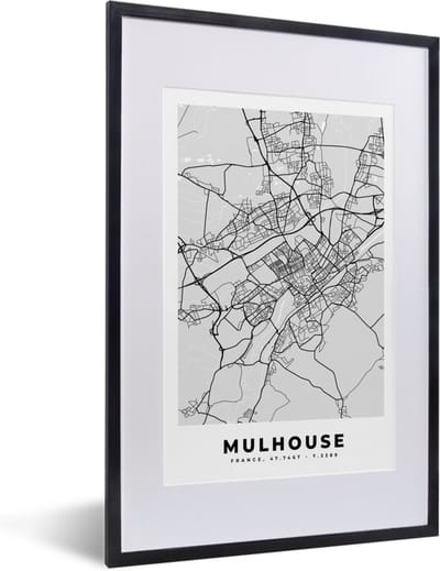 Fotolijst incl. Poster - Frankrijk - Mulhouse - Stadskaart - Plattegrond - Kaart - 40x60 cm - Posterlijst