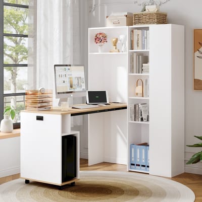 FloraGrace Bureau Met Opbergrek - Inklapbaar 2 In 1 Ontwerp Met Stopcontact En USB - Hoekbureau Voor Thuiswerk En Studie - MDF - 104,5x30,5x160 Cm - Wit Eik