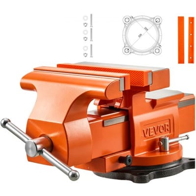 VEVOR werkbankschroef, 203 mm bekbreedte, 360° draaibaar, voor zagen, slijpen, boren en pijpsnijden, 25 kN klemkracht, met snelontgrendelingshendel, aambeeld, schroeven en moeren.