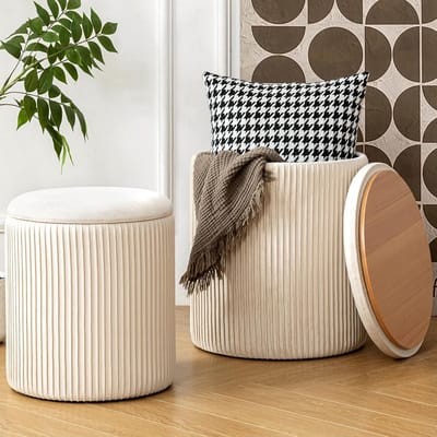 Opberg Poef - Ronde Kruk - Woonkamer Organisatie - Set van Twee - 41 cm Hoog - Beige