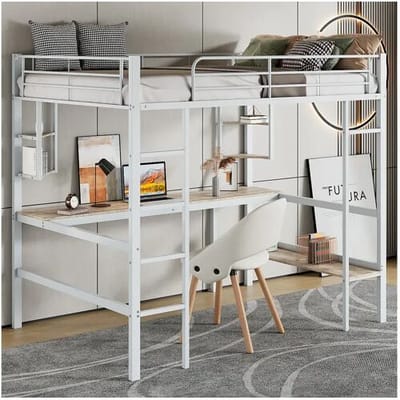 Merax Hoogslaper 90 x 200 cm met bureau en opbergplanken - metaal - lattenbodem - wit