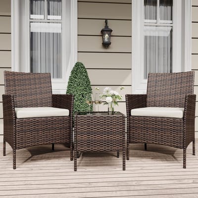 Tuinset 3-delig - Lounge Set met Rotan Fauteuils en Kussens voor 2 Personen - Balkonset met Glazen Salontafel - voor Terras en Tuin - Bruin + Beige