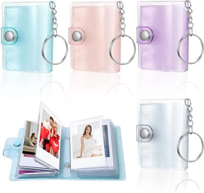 Set van 4 Mini Fotoalbums, Sleutelhangers en Kaart Houder, 5 cm met 18 Compartimenten, Perfect voor Herinneringen en Cadeaus in Diverse Kleuren