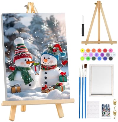 Dailygoods- Kerstschilderij op Nummer - Schilderen voor Kinderen/Volwassenen - Inclusief Lijst/Ezel - 8 x 8 Inch Canvas - Creatieve Hobby - Wanddecoratie