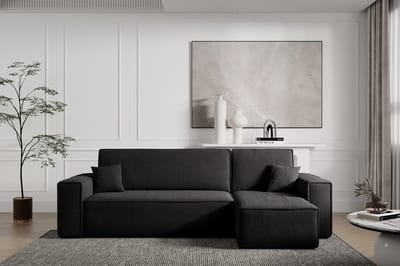 Hoekbank Carlos Zwart - Hoeksalon Met Bed en Opbergruimte Corduroy Ribstof -Karl hoekzetel Universele lounge links of rechts - Seatsandbeds