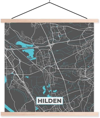 Posterhanger incl. Poster 40x40 cm - Schoolplaat - Blauw – Duitsland – Plattegrond – Stadskaart – Kaart – Hilden - Textielposter - Blanke latten - Stadskaart