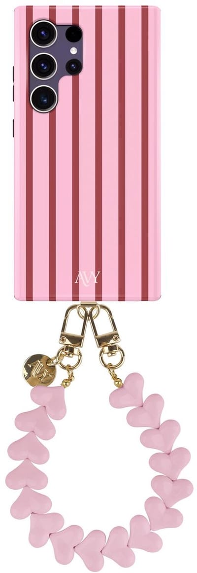 AVY Hoesje Met Telefoonkoord | Geschikt voor Samsung Galaxy S24 Ultra | Compatibel met MagSafe | Hard Shell Back Cover | Stijlvol Bijpassend Koord 30CM | Linea Hearts | Roze