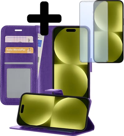 Hoesje - Met Screenprotector - Geschikt voor Apple iPhone 15 - Luxe Pasjeshouder - Bookcase Portemonee - Flip Case - Kunstleer Book Case - Flipcase - Book Cover - Walletcase - Portemonneehoes - Telefoonhoesjes - Paars