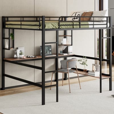 MEUNIQ Hoogslaper 140x200 cm met bureau, boekenrek, vier kleine vakken en ladder, metalen bedframe voor slaapkamer of kinderkamer, zwart