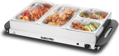 Swiss Pro+ buffetwarmer - elektrisch met kookplaatfunctie, temperatuurregelaar, RVS - opwarmapparaat, voedselverwarmer, warmhoudplaat Buffet – 2 x 2.5 Liter & 2 x 1 Liter – Buffetwarmer met Warmhoudplaat - Au Bain Marie - Warmhoudplaat -SP-BUF300