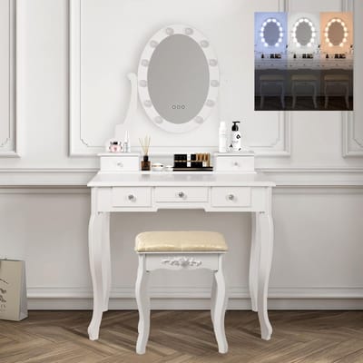 Kaptafel 80x129x40 cm in wit met LED verlichting, spiegel, 5 laden & kruk ML-Design