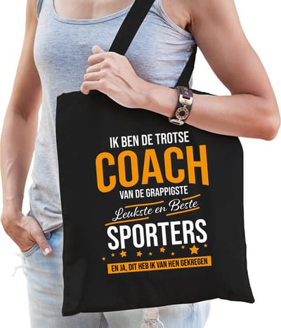 Trotse coach van de beste sporters - cadeau tas - zwart - voor dames - katoen - verjaardag - kado