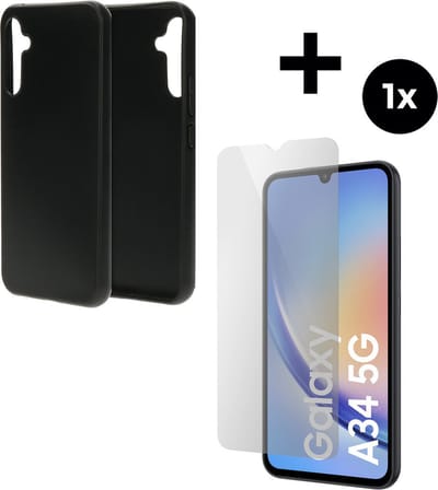 Mobiparts Classic TPU hoesje geschikt voor Samsung Galaxy A34 (2023) 5G met 1 Screenprotector van Gehard Glas - Zwart