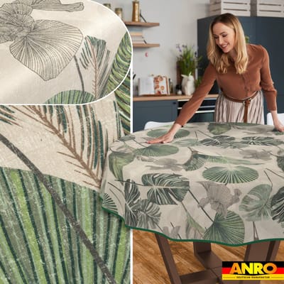 ANRO Tafelkleed Bloemenornamenten Beige Rond Ø140cm Met sierband Afwasbaar Waterafstotend