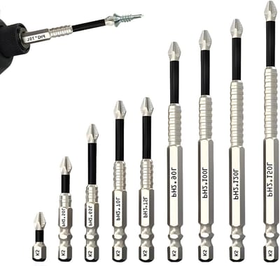 Magnetische Bit Set van 9 Stuks (25, 50, 65, 70, 75, 90, 100, 120, 150 mm) voor Accuschroevendraaier en Slagschroevendraaier met Sterke Magneten en Duurzame Kwaliteit