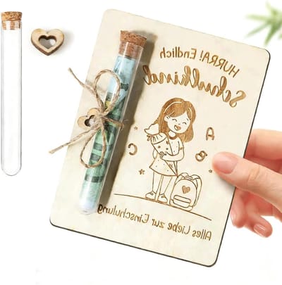 Verpakking voor geldgeschenken en cadeaubonnen met transparante spuit en kurkhouder voor eerste schooldag meisjes