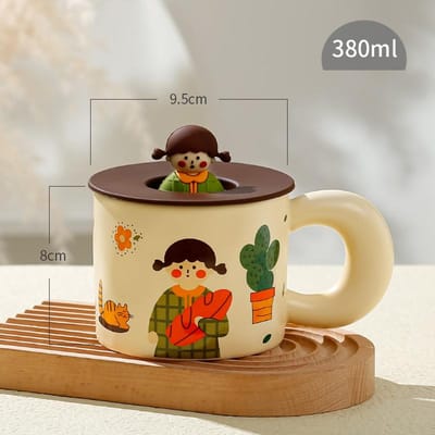 Schattige Cartoon Keramische Mok Huishoudelijke Kop Drinkwater Rond Koffie Melk Hoge Temperatuurbestendigheid Hoog Uiterlijk met Deksel 301-400ml