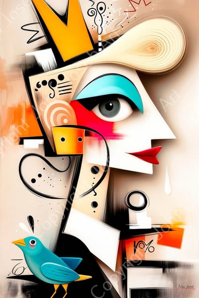 John Joseb Art (Aluminium) 120x80 | De koningin, vrouw, gek grappig, vogel, portret, abstract in Herman Brood / Picasso stijl, kunst, mens, rood, blauw, oranje, modern | foto-schilderij op dibond, metaal wanddecoratie