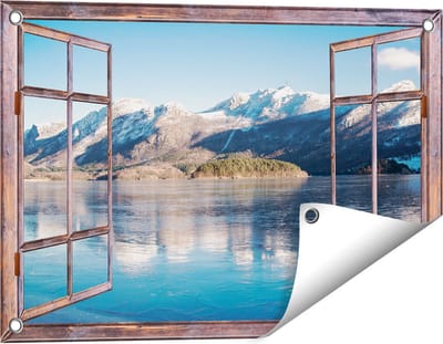 Gards Tuinposter Doorkijk Meer bij het Bergen Landschap in Noorwegen - 60x40 cm - Tuindoek - Tuindecoratie - Wanddecoratie buiten - Tuinschilderij