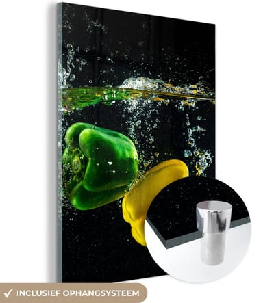 MuchoWow® Glasschilderij 120x160 cm - Schilderij acrylglas - Paprika - Groente - Water - Zwart - Rood - Groen - Geel - Foto op glas - Schilderijen