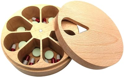 Ronde houten opbergdoos (7 dagen), multifunctionele opbergdoos met 7 vakken en deksel, geschikt voor het opbergen van zoutvaatjes, kruidenpotjes, sieradendoosjes etc.