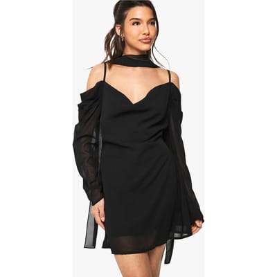 boohoo Dames Chiffon Sjaal Detail Cold Shoulder Mini Jurk | Zwart | Maat: 36
