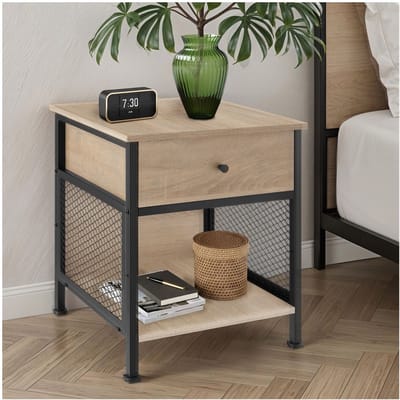 tectake® Bijzettafel met lade en opbergvak met rooster - Nachtkastje in industrieel design - Voor woonkamer, slaapkamer, kantoor, hal - Zwart metalen frame - Afmeting (LxBxH) 45 x 46 x 55,5 cm - Lichtbruin