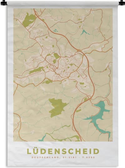 Wandkleed - Wanddoek - Plattegrond - Ludenscheid - Kaart - Vintage - Stadskaart - 120x180 cm - Wandtapijt