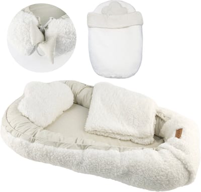 Gatson Babynestje - Verstelbaar - Dubbelzijdig Teddy Fleece & Biokatoen - Wasbaar - Met Kussentje & Dekentje - Baby Nestje - Babyshower