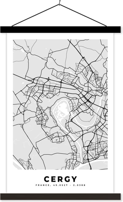 Posterhanger incl. Poster 40x60 cm - Schoolplaat - Frankrijk - Plattegrond - Kaart - Cergy - Stadskaart - Textielposter - Zwarte latten - Stadskaart