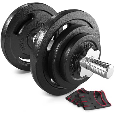 Hop-Sport Gietijzer – Halterset – 20 kg – Schroefsluiting – Inclusief neopreen handschoenen