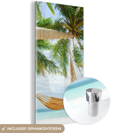 MuchoWow® Glasschilderij 60x120 cm - Schilderij acrylglas - Palmbomen - Hangmat - Zomer - Zee - Foto op glas - Schilderijen