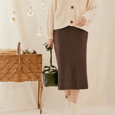 Dameskleding, Gebreide rok voor herfst en winter, Effen kleur, Midi-rok met ribbels en split voor dames One size black