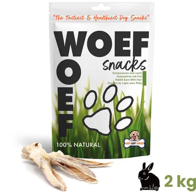 Woef Woef Snacks Hondensnacks Konijnenoren met haar - 2.00 KG - Kauwsnacks - Gedroogd vlees - Konijn - Vanaf 3 maanden - Geen toevoegingen